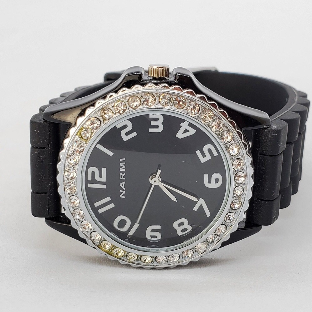 Women's Watch 38MM Black Dial Black Plastic Bands Crystal Bezel New Battery